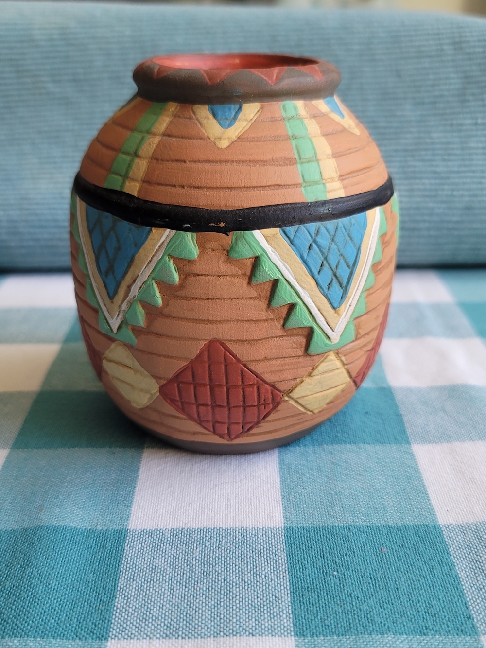 Southwestern Terra Cotta Pot - Blue, Green, Red, Yellow Accents. Pre Owned.